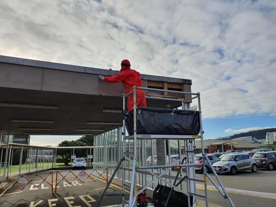 One of our Asbestos Experts working on a wall over a scaffolding